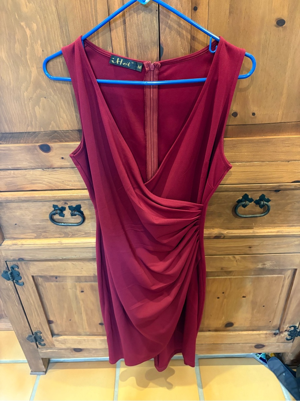 Burgundy Draped Mini Dress - V-Neck Evening Style